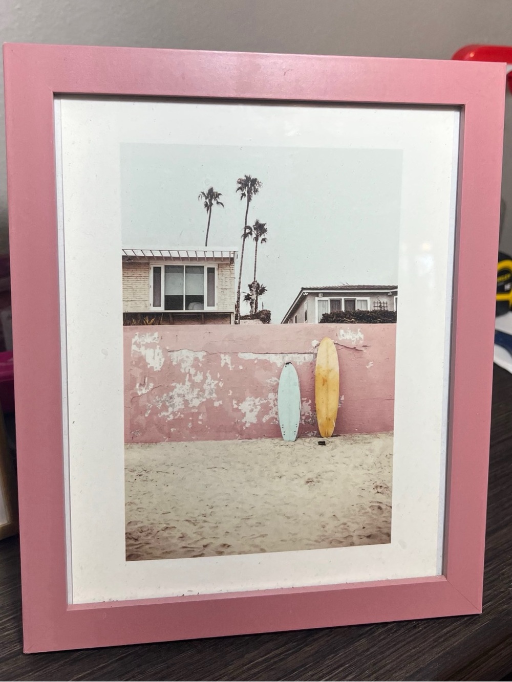 Boho Surfboard Beach California Palm Tree Retro Art Print Pink Frame Home Decor